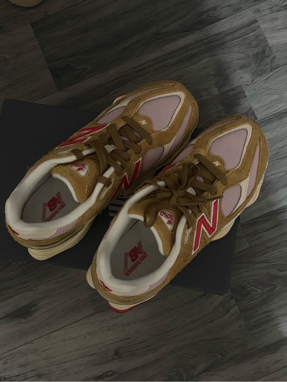 New Balance 9060 Sneakers in Pink, Tan & Red Accents